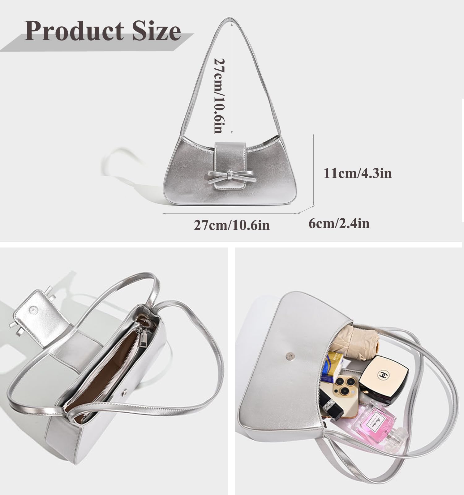 Shoulder Bag for Women, Hobo Handbags Trendy Y2K Purses Patent Leather Clutch Bag Cute Bow Purse