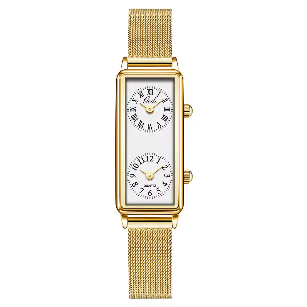 Creative Dual Time Zone Niche Retro Rectangular Women's High-end Dual Movement Waterproof Quartz Watch